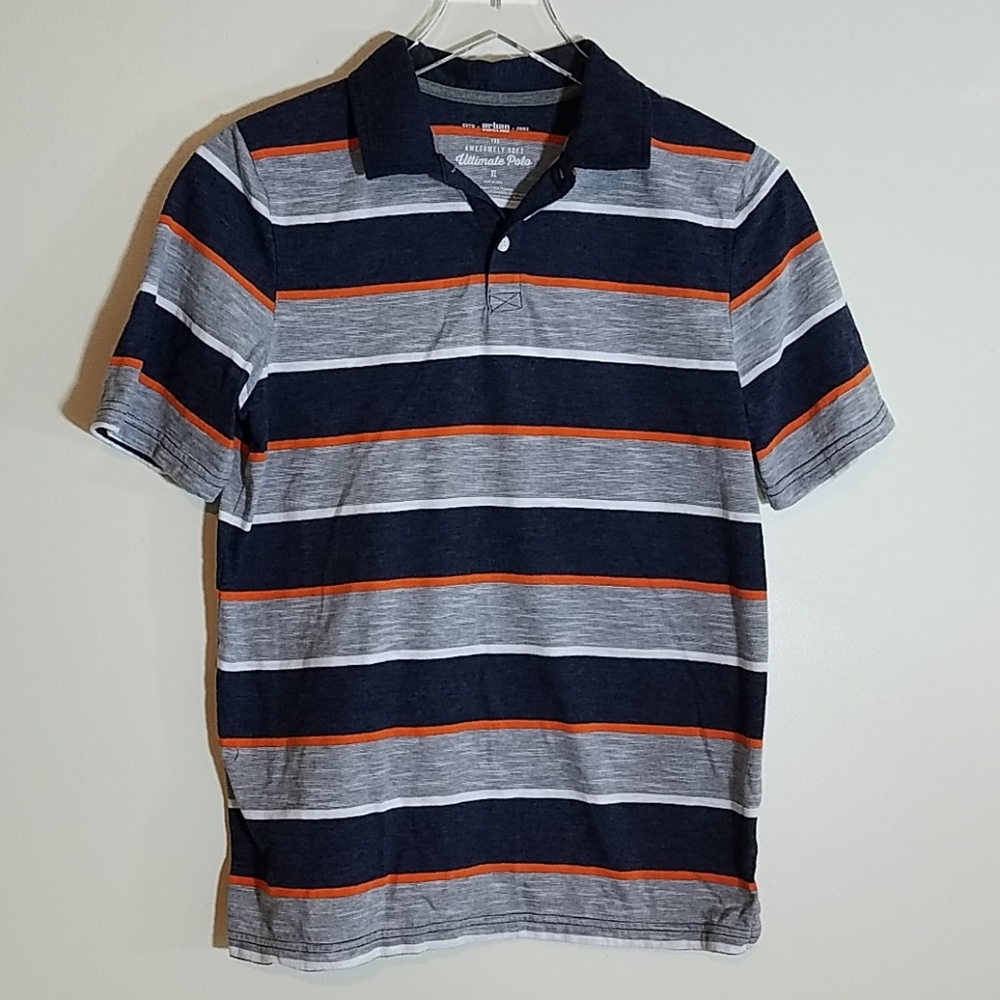 Boys XL Polo in Navy, Grey and Orange.